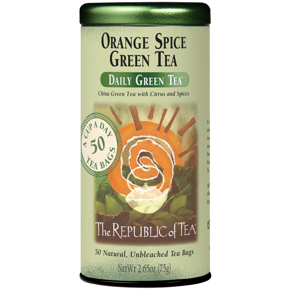 The Republic of Tea front packaging showing 50-count and flavor benefits