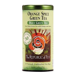The Republic of Tea tea bag close-up showing loose leaves and aromatic spices