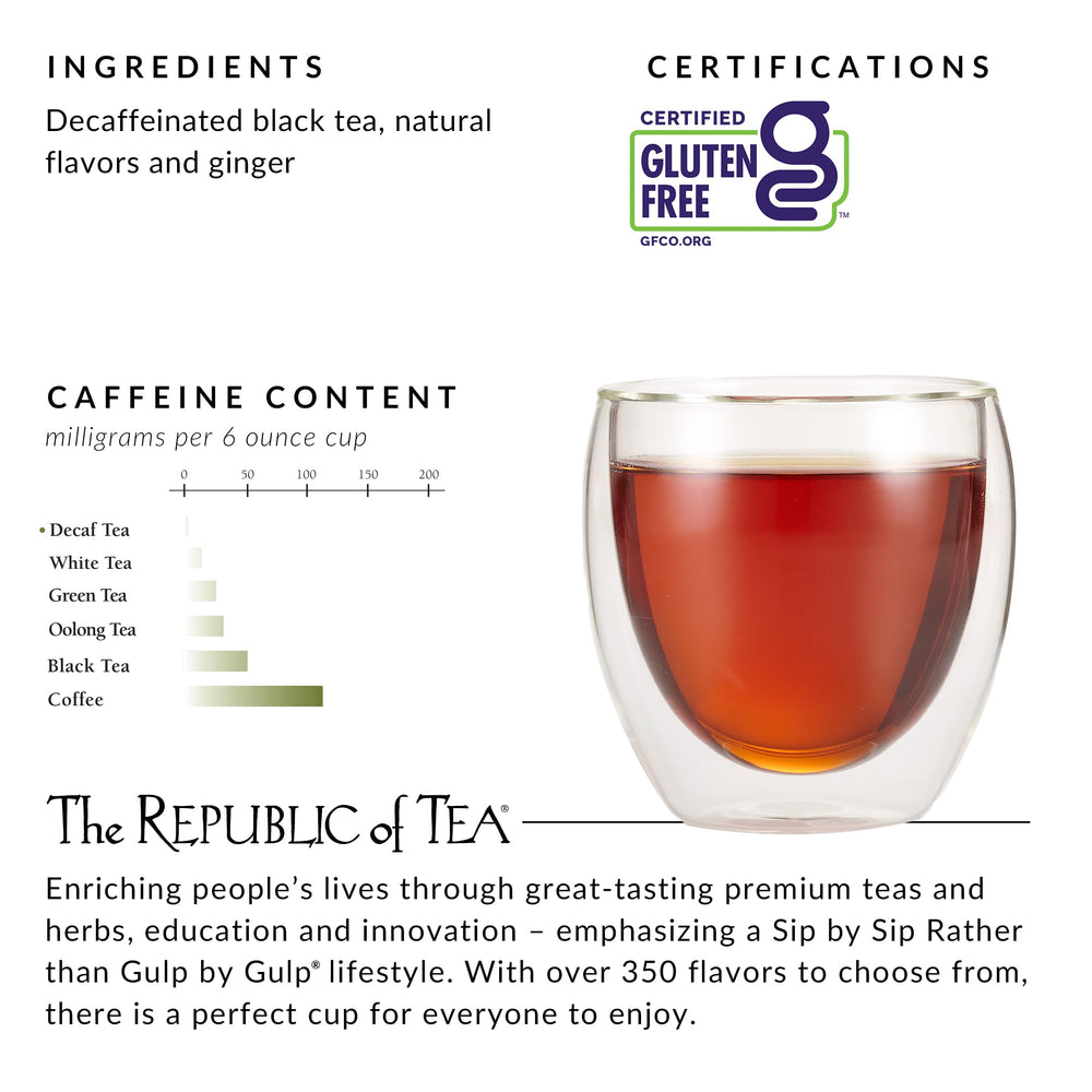 Iced glass of The Republic of Tea decaf ginger peach black tea in a lifestyle setting for refreshment