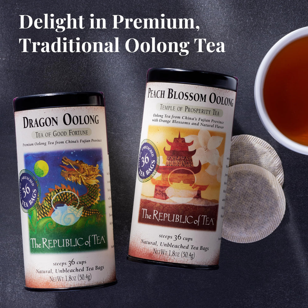 Brewed cup of The Republic of Tea Dragon Oolong offering smooth low-tannin flavor