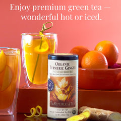 The Republic of Tea dry ingredients display turmeric, ginger and cinnamon, emphasizes natural sourcing