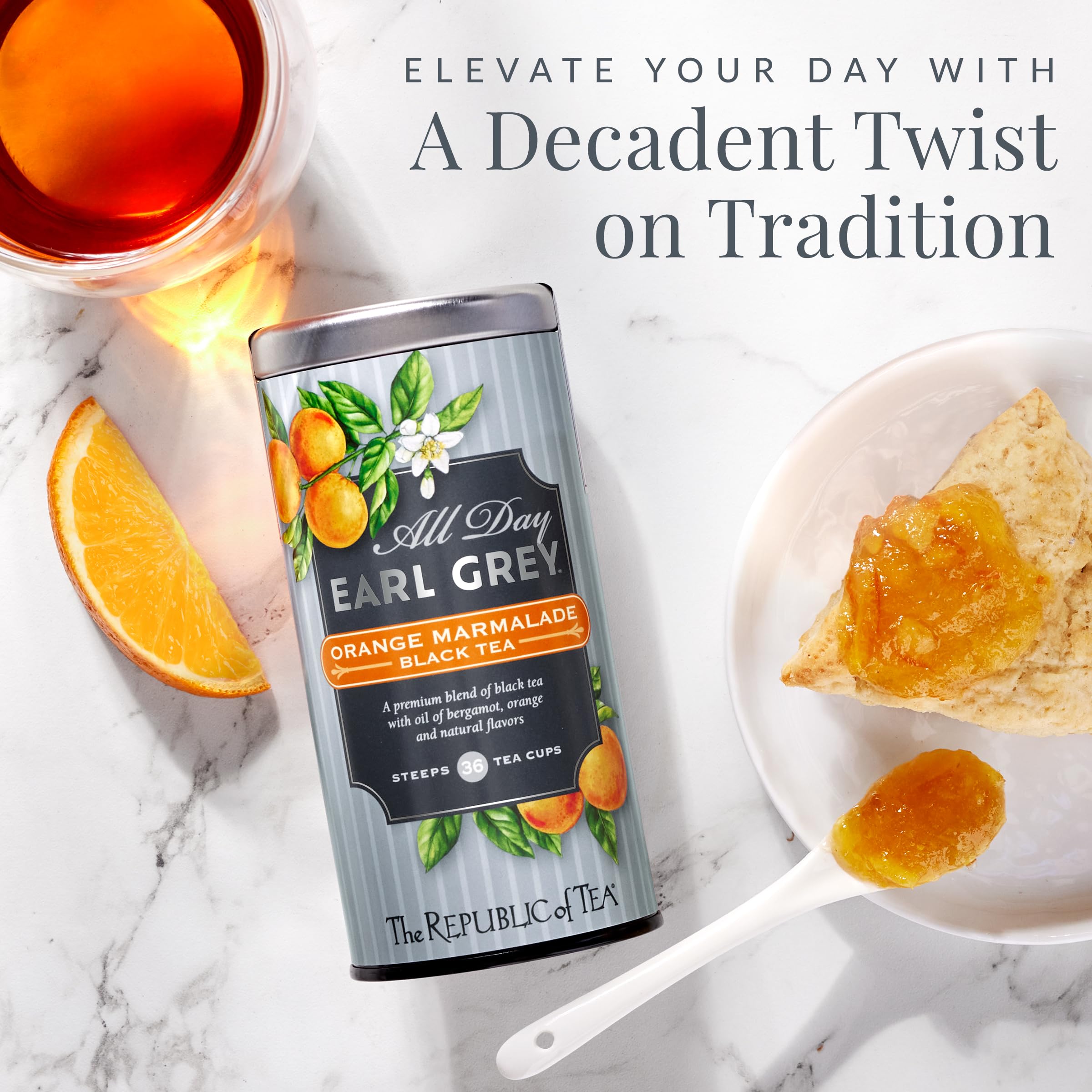 The Republic of Tea dry loose blend with orange peel detail, highlighting natural citrus pieces
