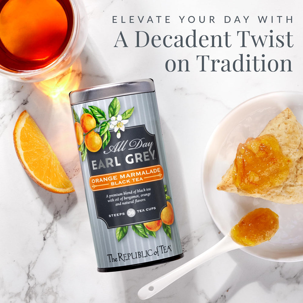 The Republic of Tea dry loose blend with orange peel detail, highlighting natural citrus pieces