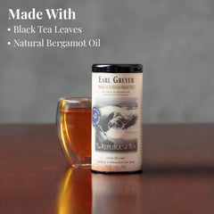 The Republic of Tea loose-leaf detail highlighting light-liquoring black leaves and bergamot oil aroma