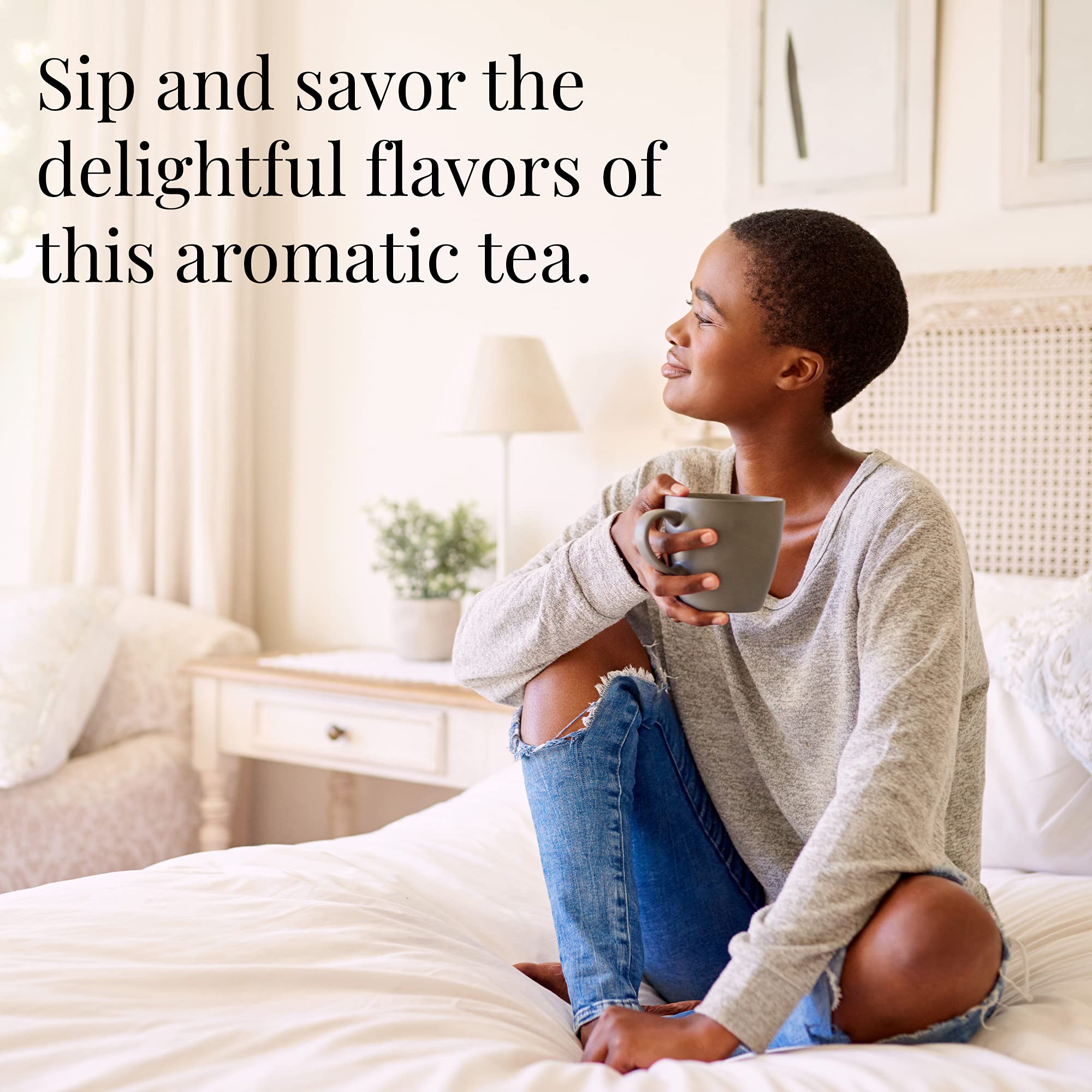 Close-up of a Republic of Tea tea bag highlighting fine bagging and easy use