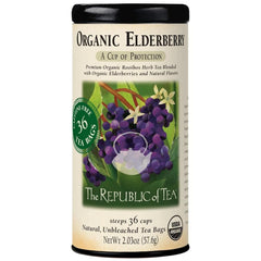 The Republic of Tea front box showing organic elderberry tea, clear labeling and benefit