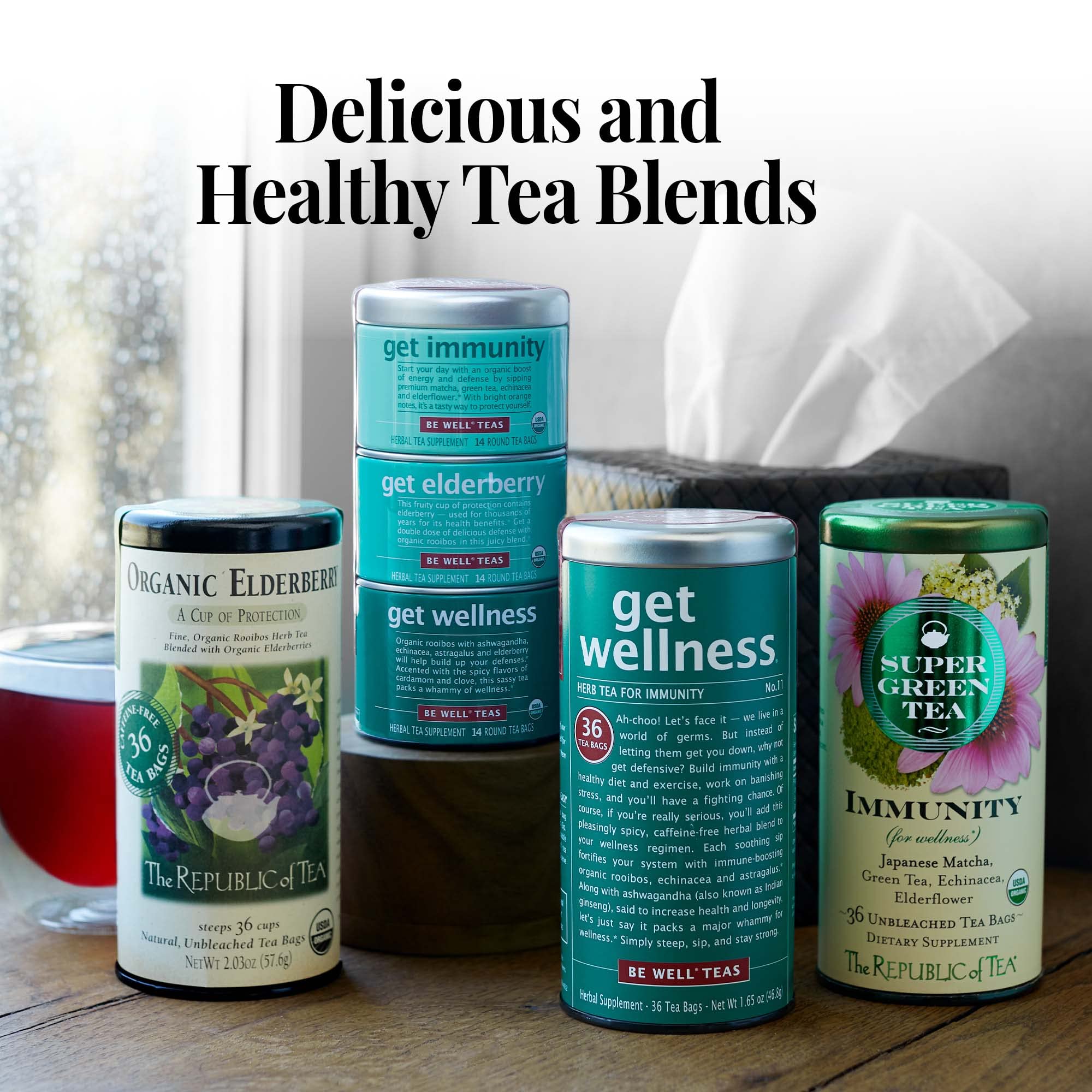 The Republic of Tea tea served in cozy kitchen setting, showing relaxing beverage benefit