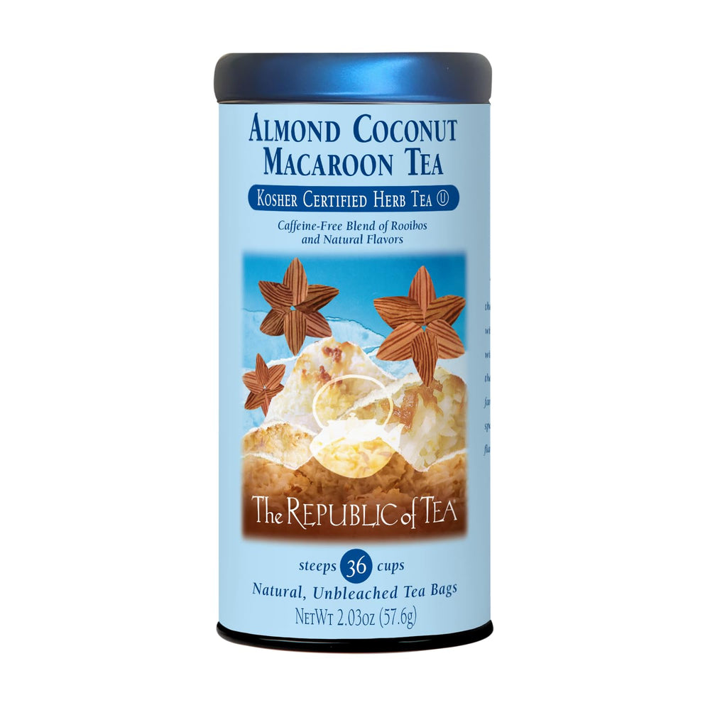 The Republic of Tea front box showing almond coconut macaroon labeling and convenience