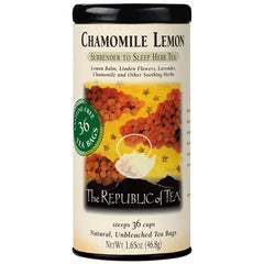 The Republic of Tea front box showing chamomile lemon branding and clear count