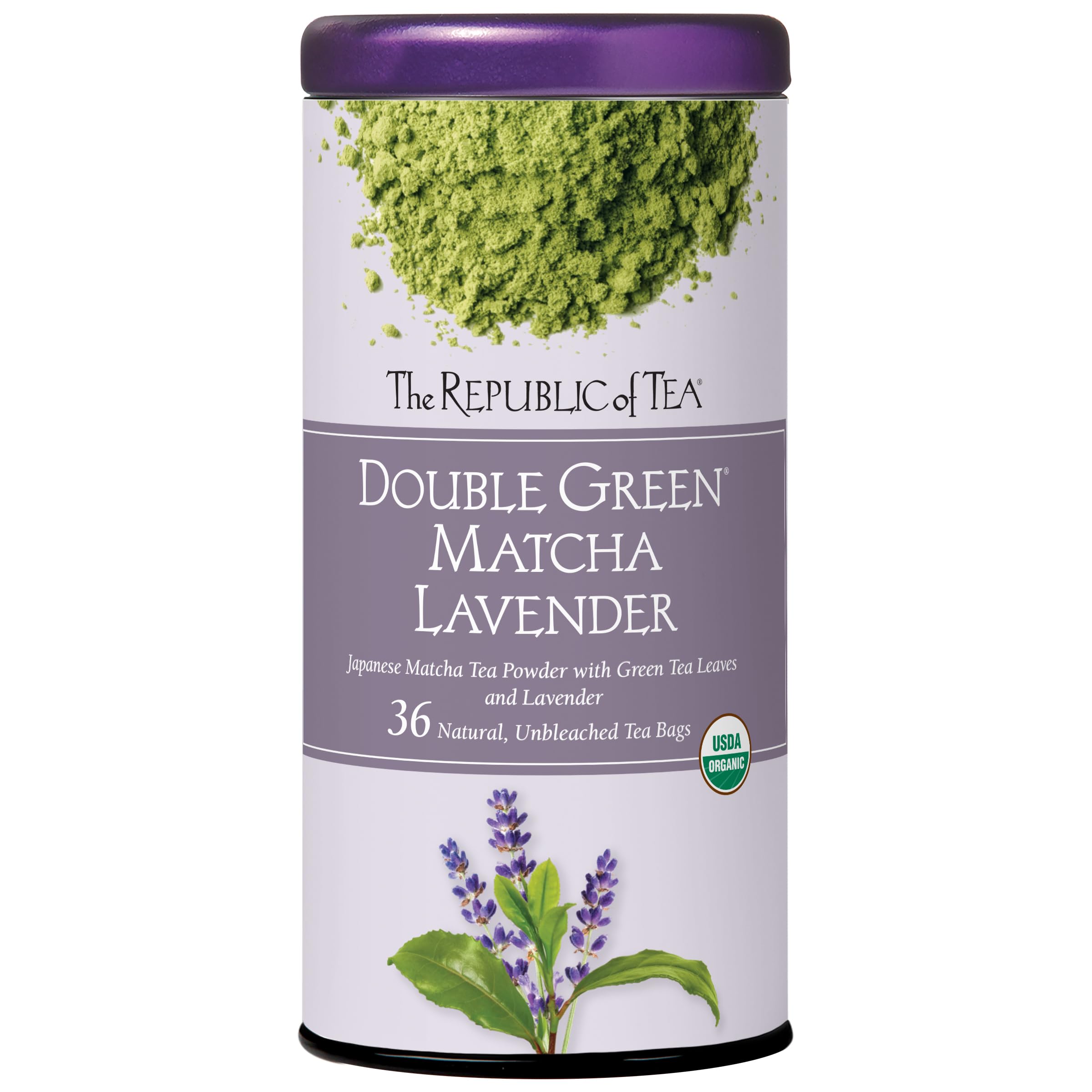 The Republic of Tea front canister showing branding and product benefits