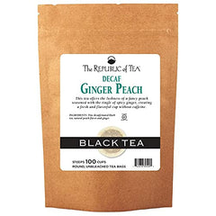 The Republic of Tea front packaging showing ginger peach decaf benefits