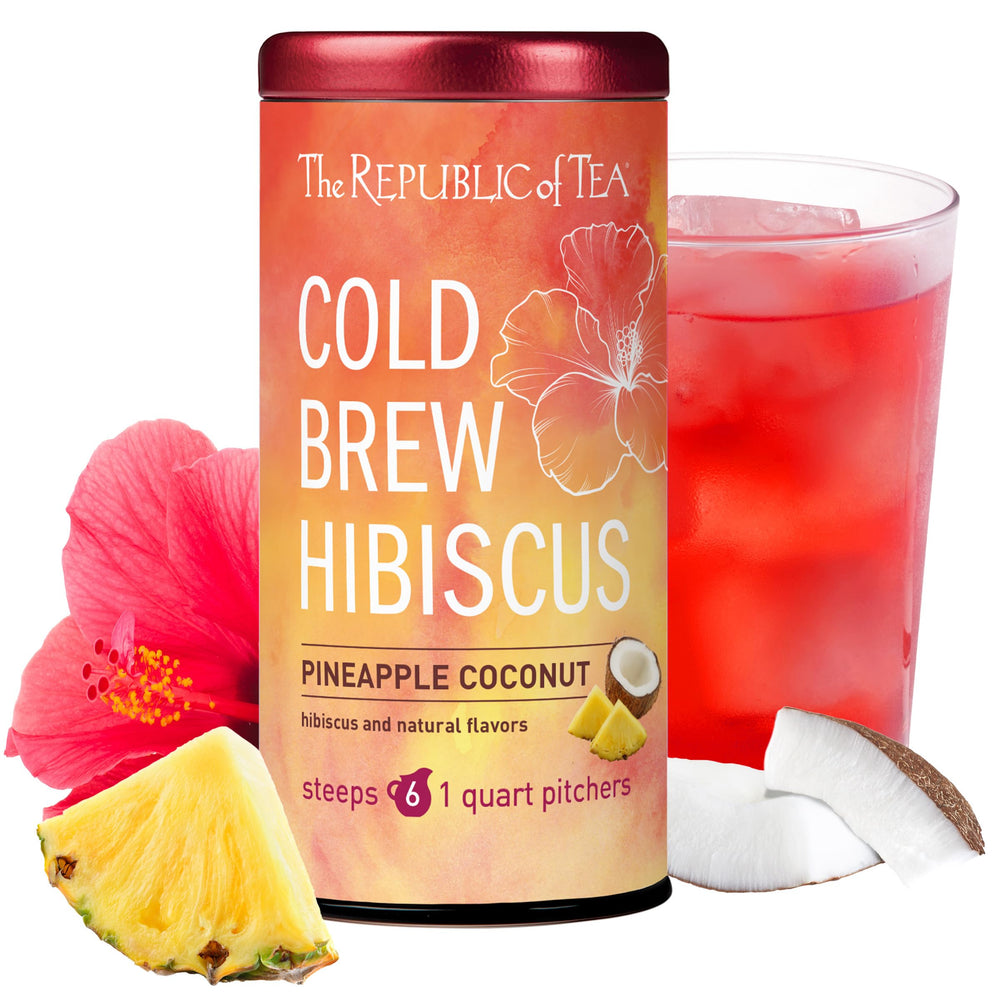 The Republic of Tea front packaging showing tropical hibiscus pineapple coconut blend and convenience