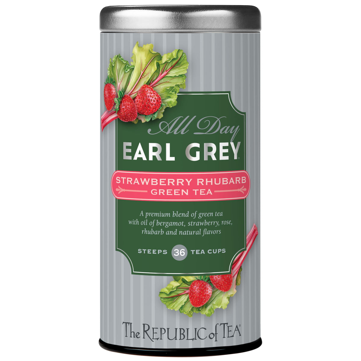 The Republic of Tea front packaging showing strawberry rhubarb flavor and benefits