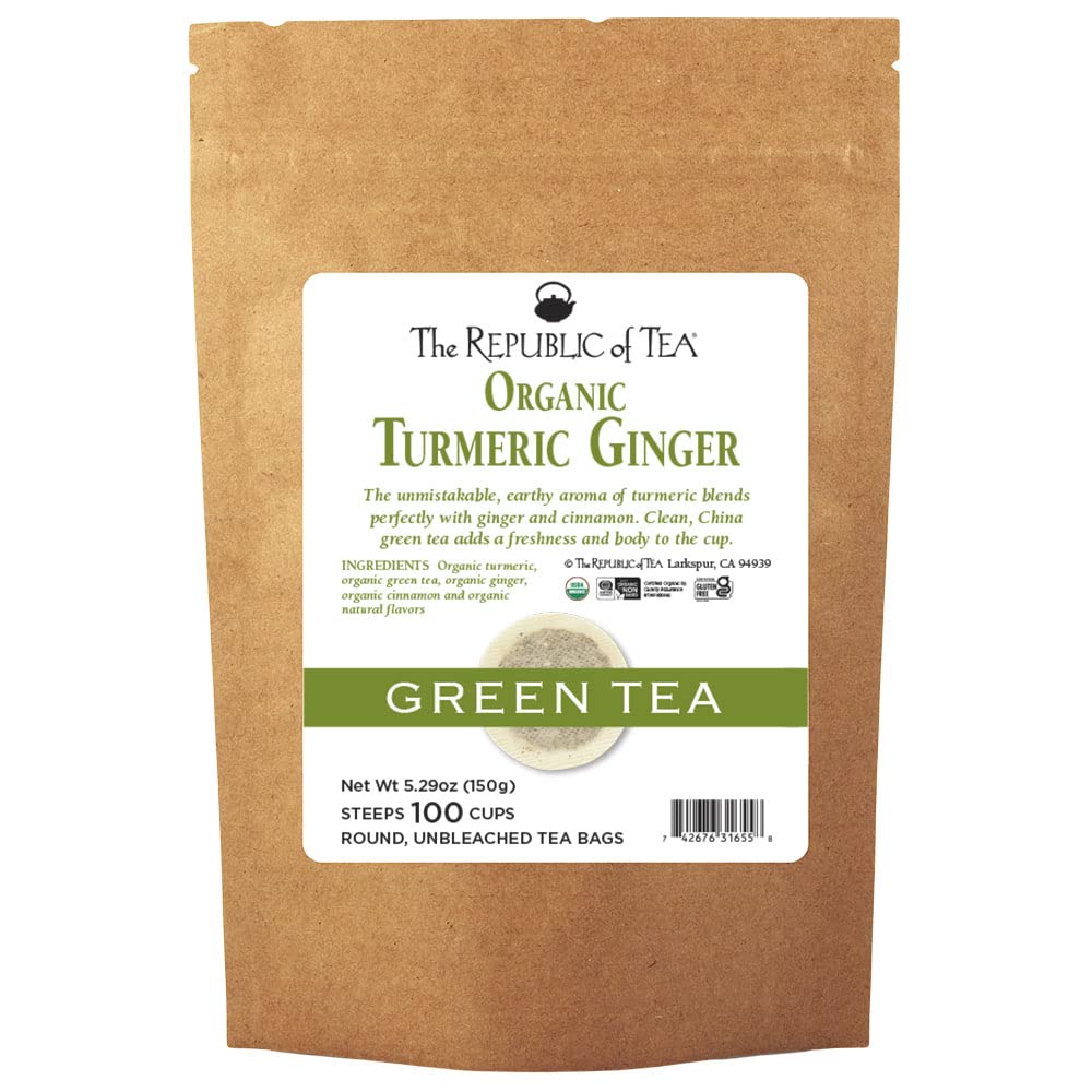 The Republic of Tea front packaging showing organic turmeric ginger green tea, conveys value