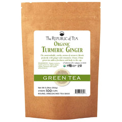 The Republic of Tea front packaging showing organic turmeric ginger green tea, conveys value