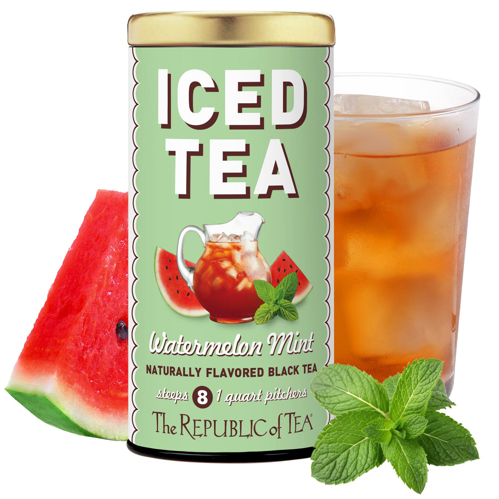 The Republic of Tea front packaging showing watermelon mint flavor and large pouches for easy brewing