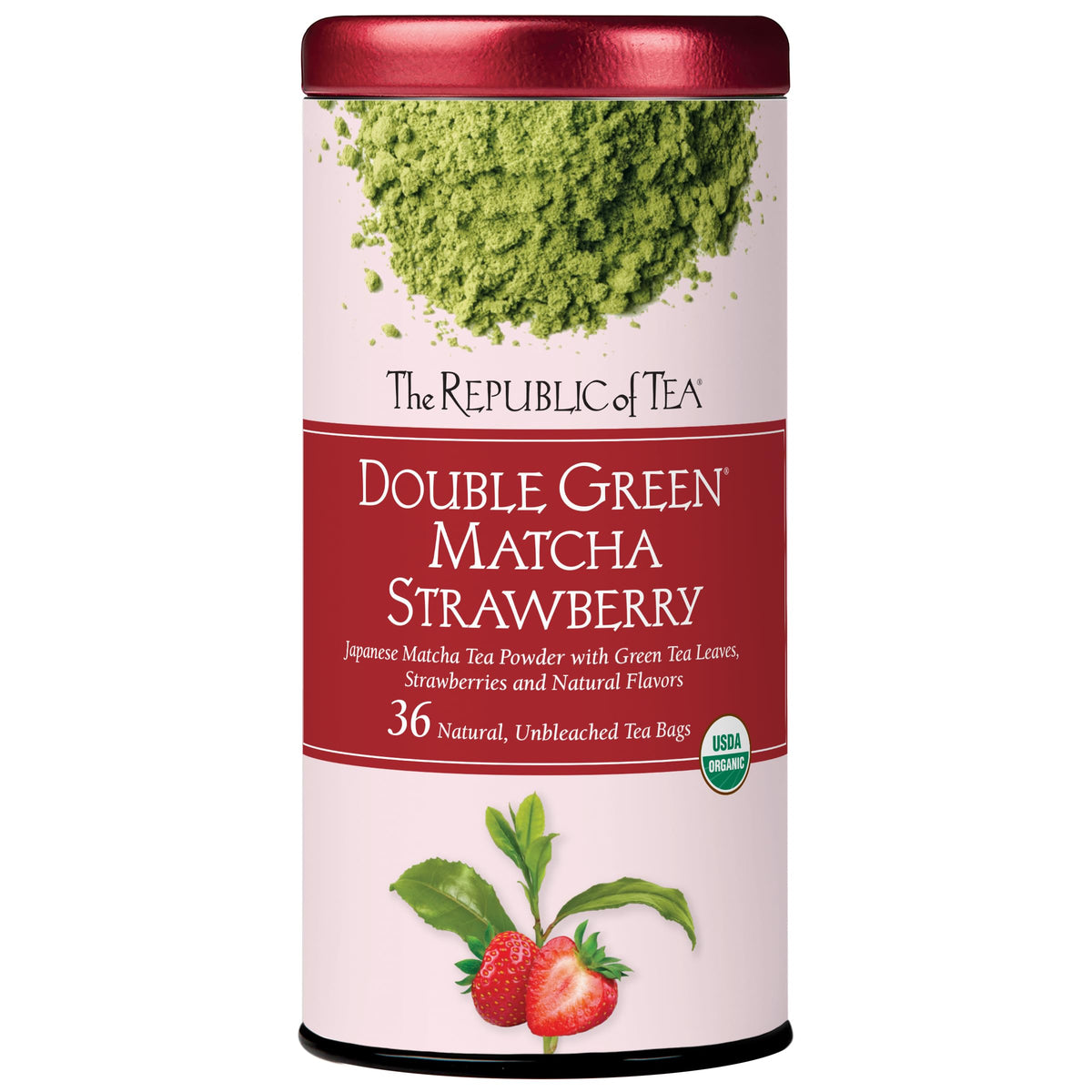 The Republic of Tea front packaging showing organic matcha strawberry benefits