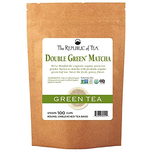 The Republic of Tea front pouch showing organic double green matcha benefits