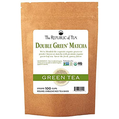 The Republic of Tea front pouch showing organic double green matcha benefits