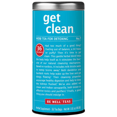 The Republic of Tea box front showing Get Clean No.7 tea bags and organic branding for calming balance