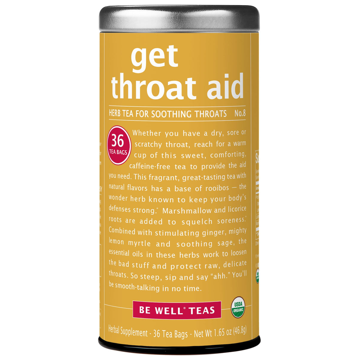 The Republic of Tea tin front showing Get Throat Aid label and resealable lid benefit freshness