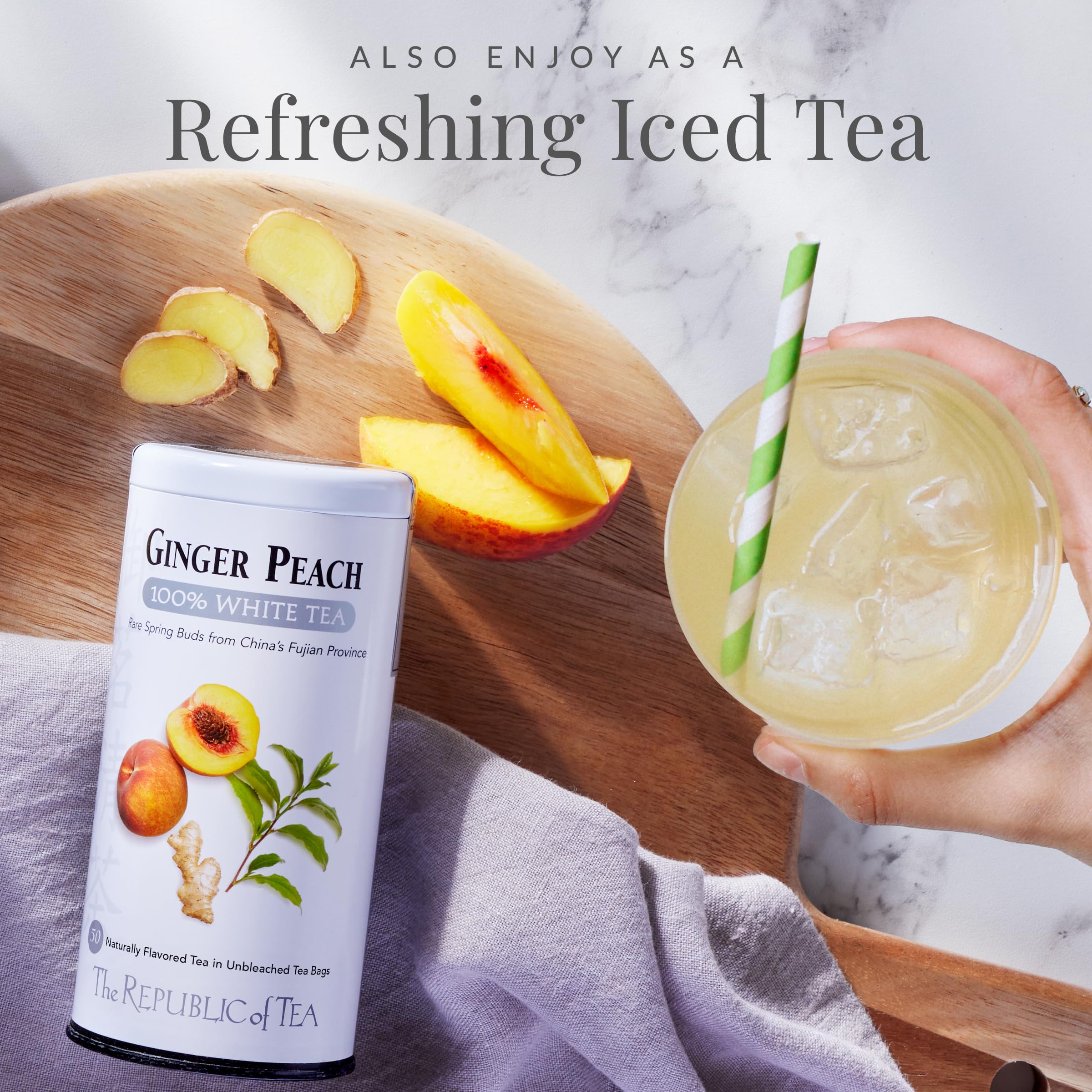 Steaming cup of brewed Ginger Peach White Tea, The Republic of Tea, delivers delicate flavor