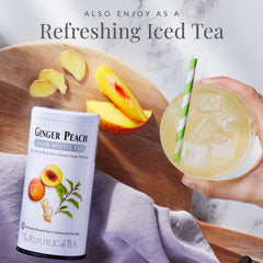 Steaming cup of brewed Ginger Peach White Tea, The Republic of Tea, delivers delicate flavor