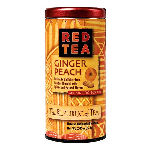 Close-up cup of brewed ginger peach rooibos from The Republic of Tea highlighting rich color and inviting aroma