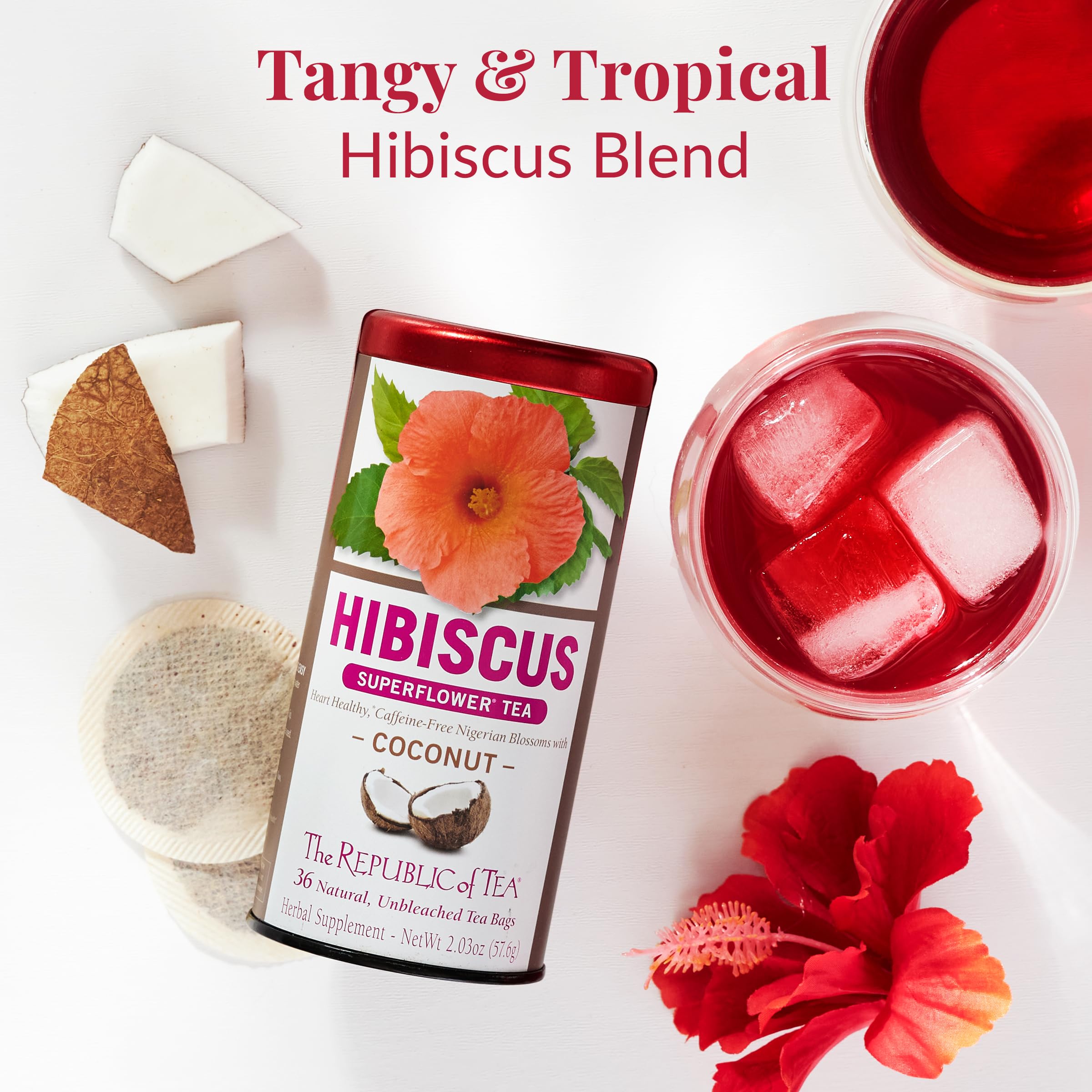 Close-up of The Republic of Tea teabag revealing vibrant hibiscus petals and coconut aroma
