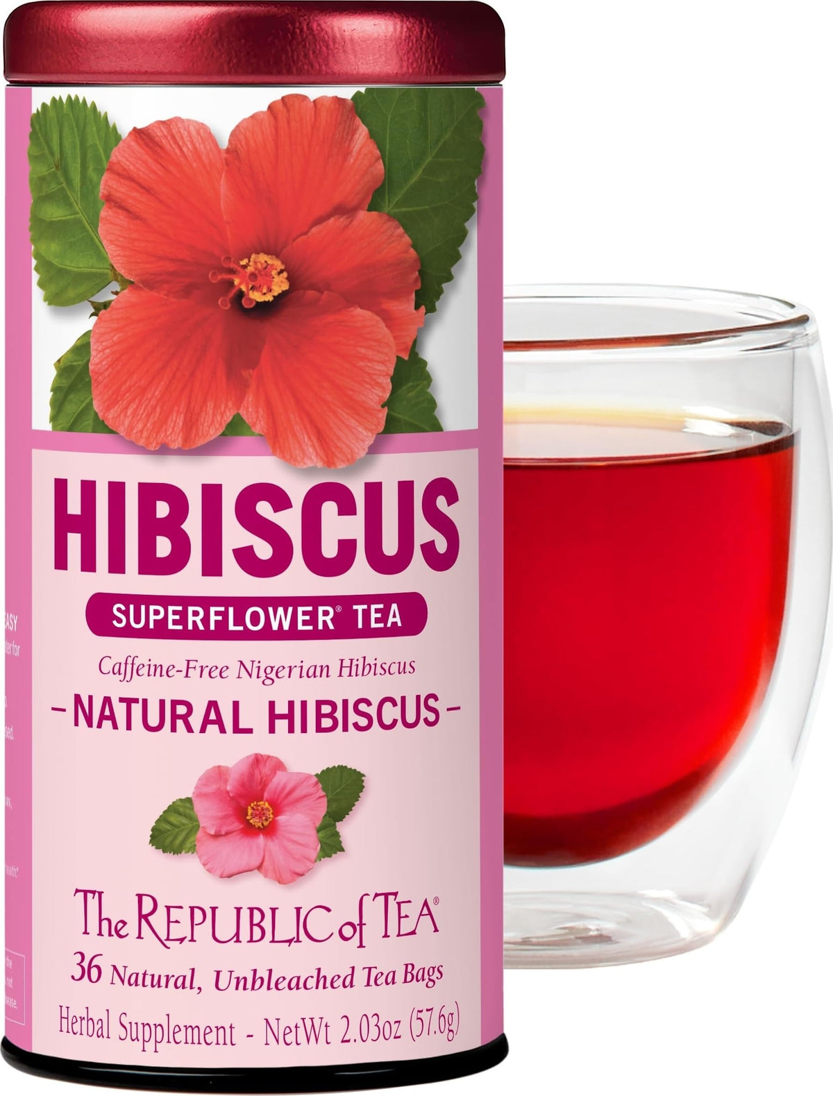 The Republic of Tea front packaging showing 36-count hibiscus tea, clear branding and benefits