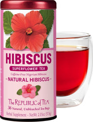 The Republic of Tea front packaging showing 36-count hibiscus tea, clear branding and benefits