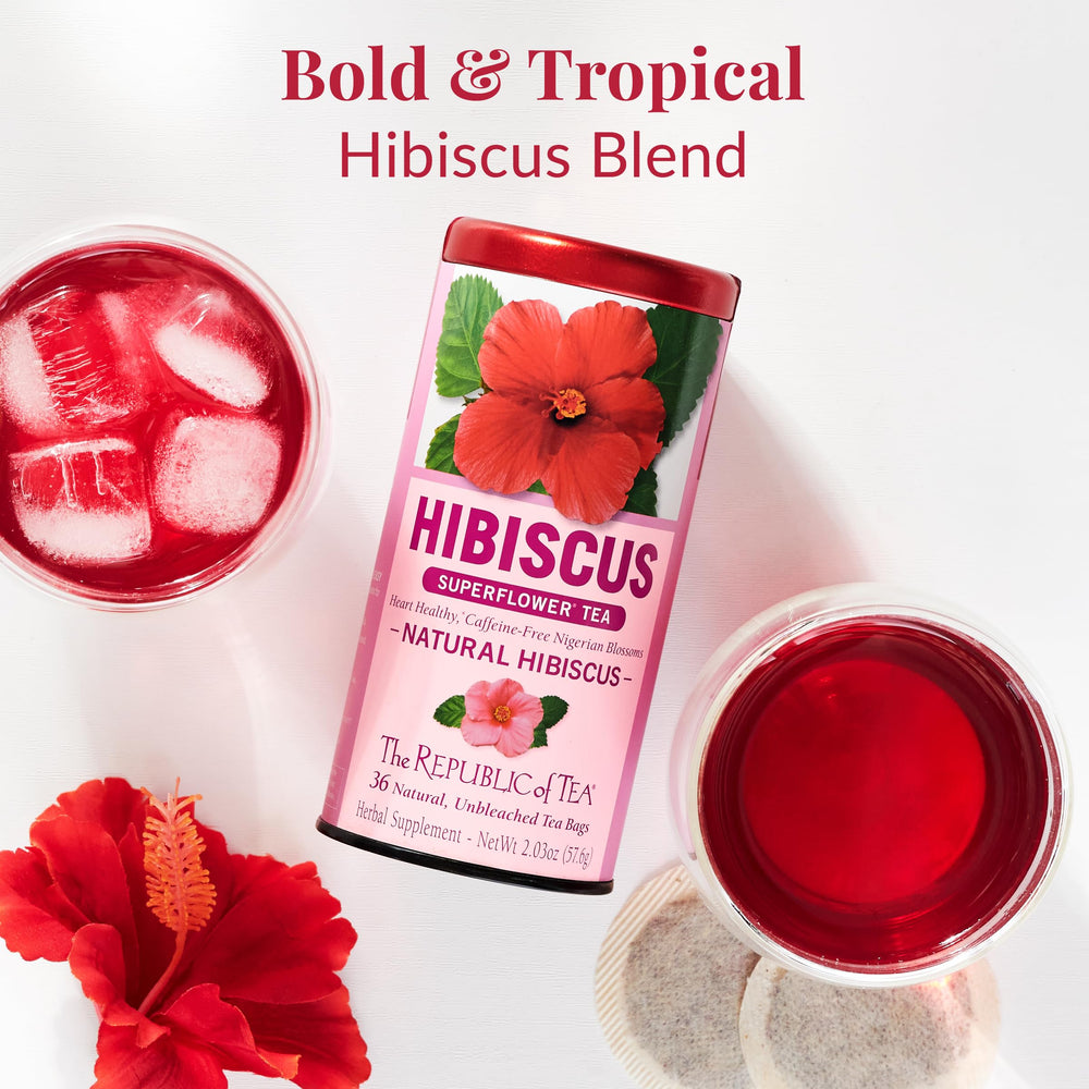 Bright ruby-red cup of The Republic of Tea hibiscus infusion, vibrant color and refreshing flavor
