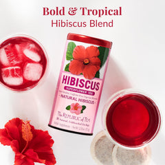 Bright ruby-red cup of The Republic of Tea hibiscus infusion, vibrant color and refreshing flavor