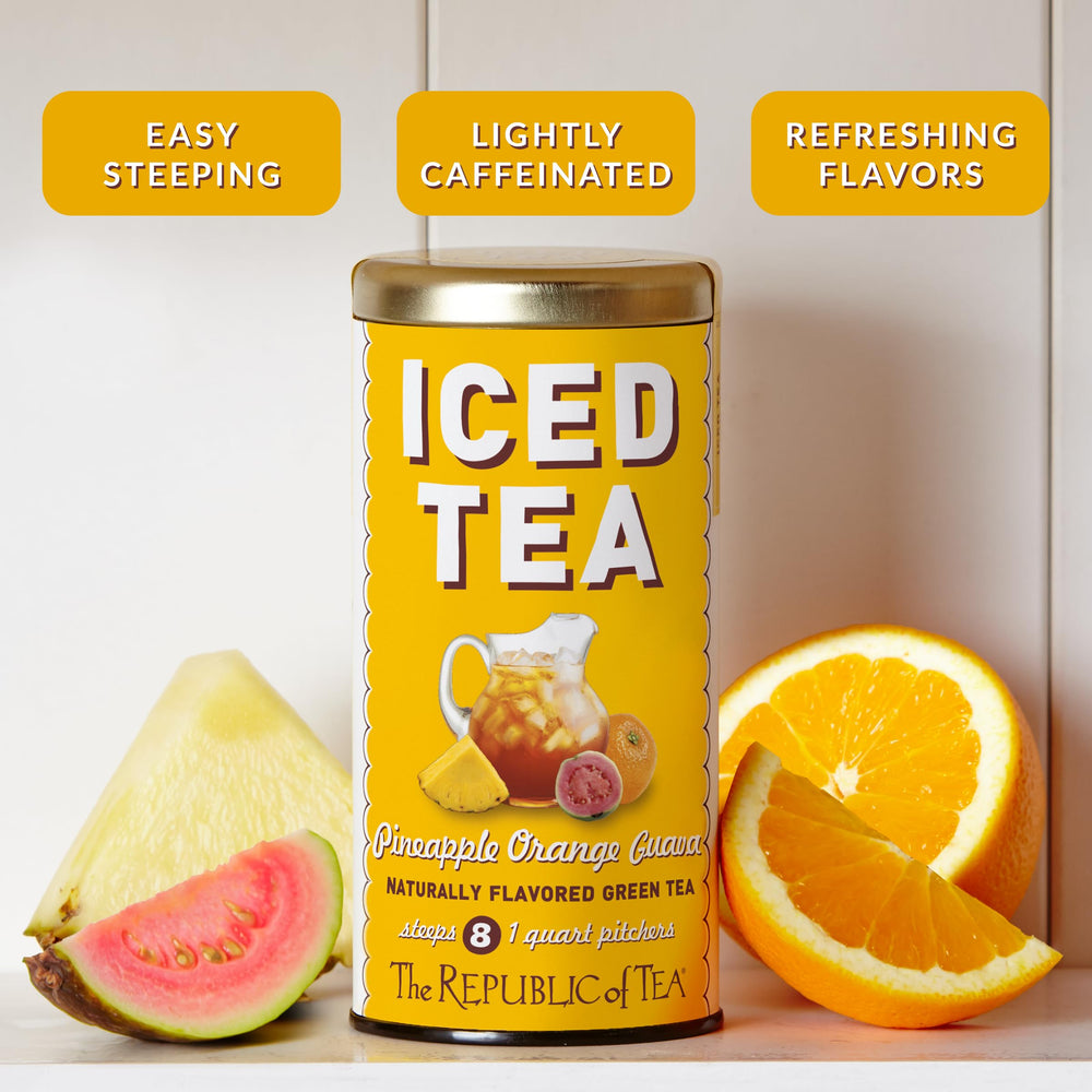 The Republic of Tea ingredients flatlay with pineapple orange guava and leaves for natural flavor