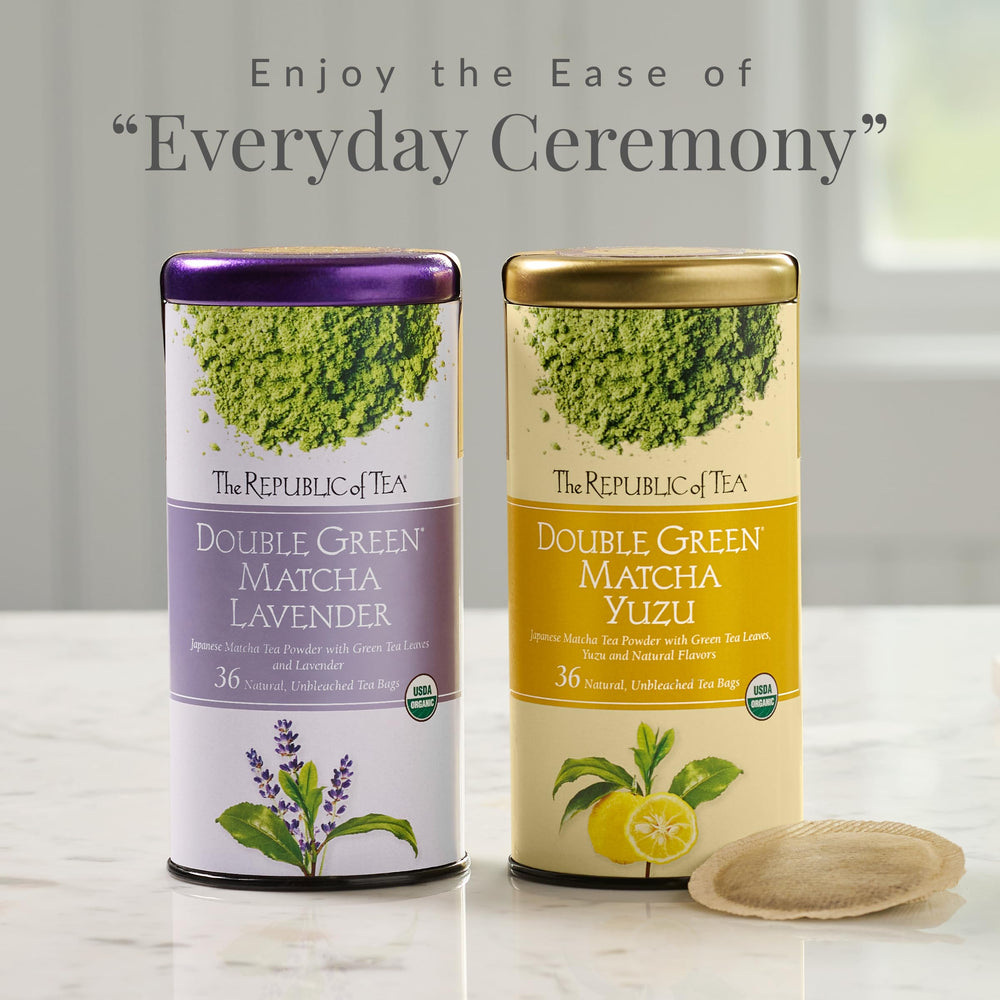 The Republic of Tea lavender sprig beside tea showing floral aroma benefit