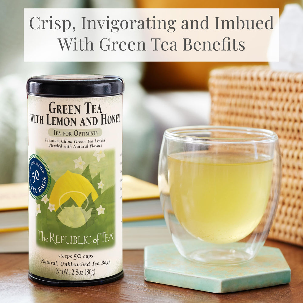 Steaming brewed cup of The Republic of Tea lemon honey green tea showcasing bright color and fresh aroma