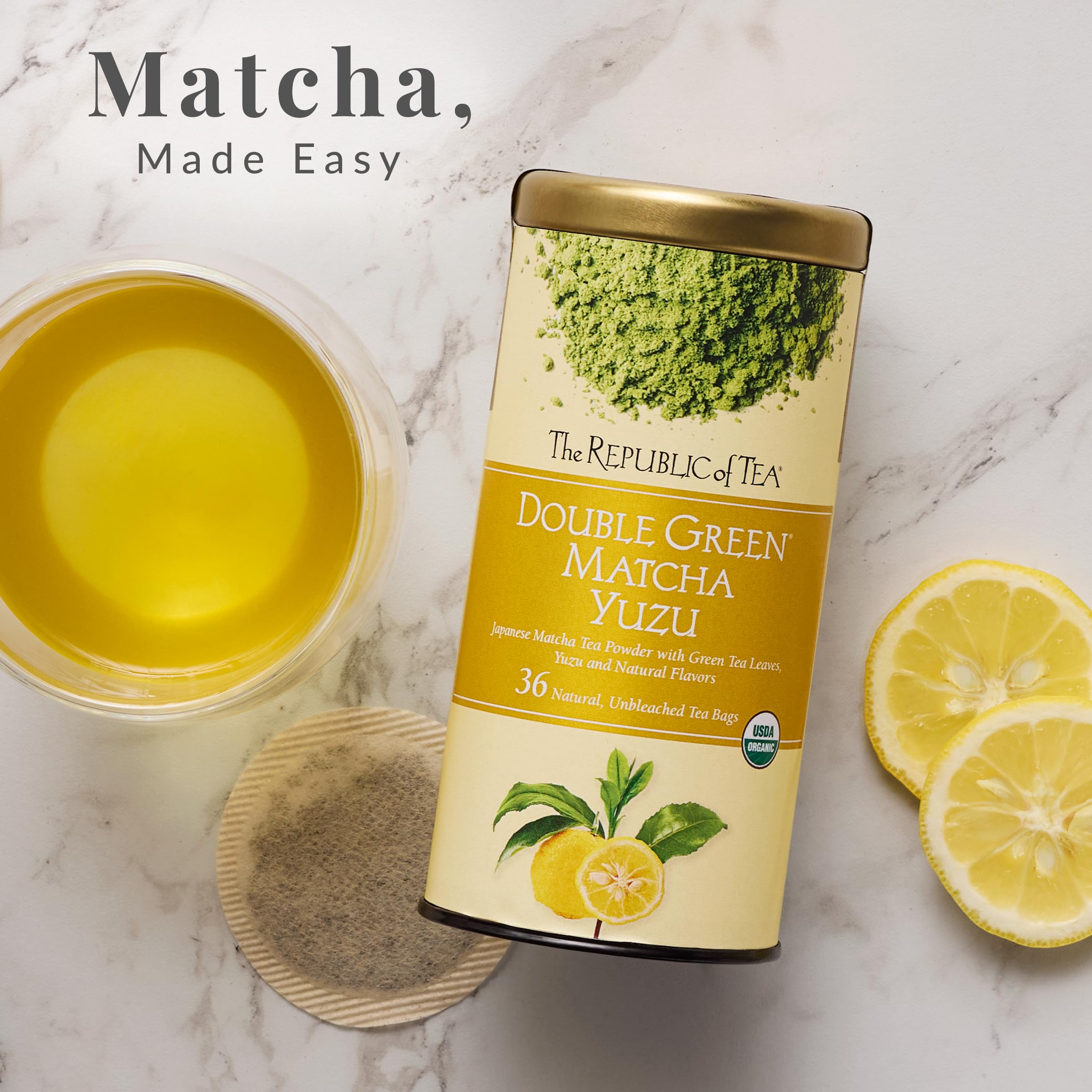 The Republic of Tea tea bag texture detail showing matcha and leaf blend benefit