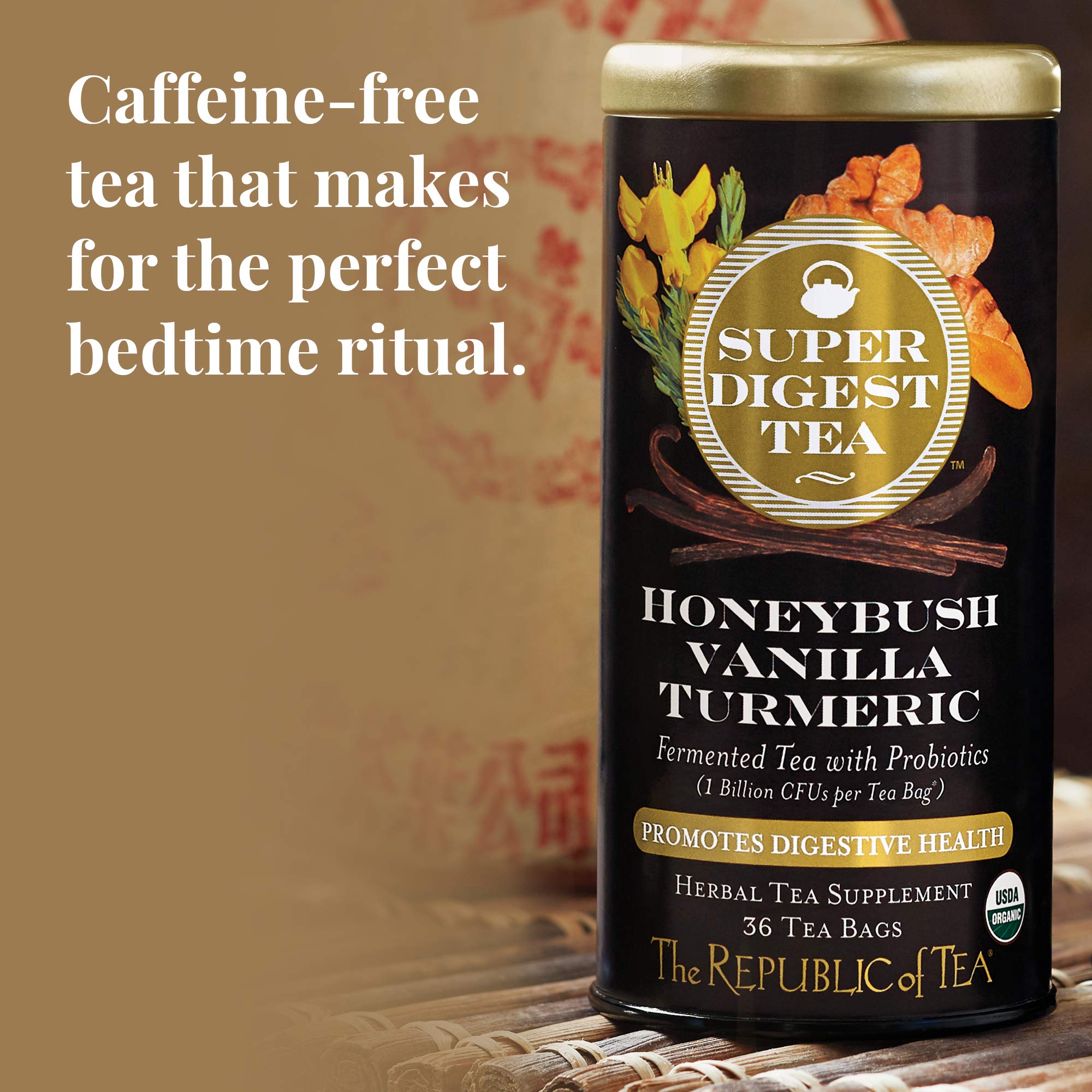 The Republic of Tea loose blend detail showing honeybush, turmeric, vanilla pieces