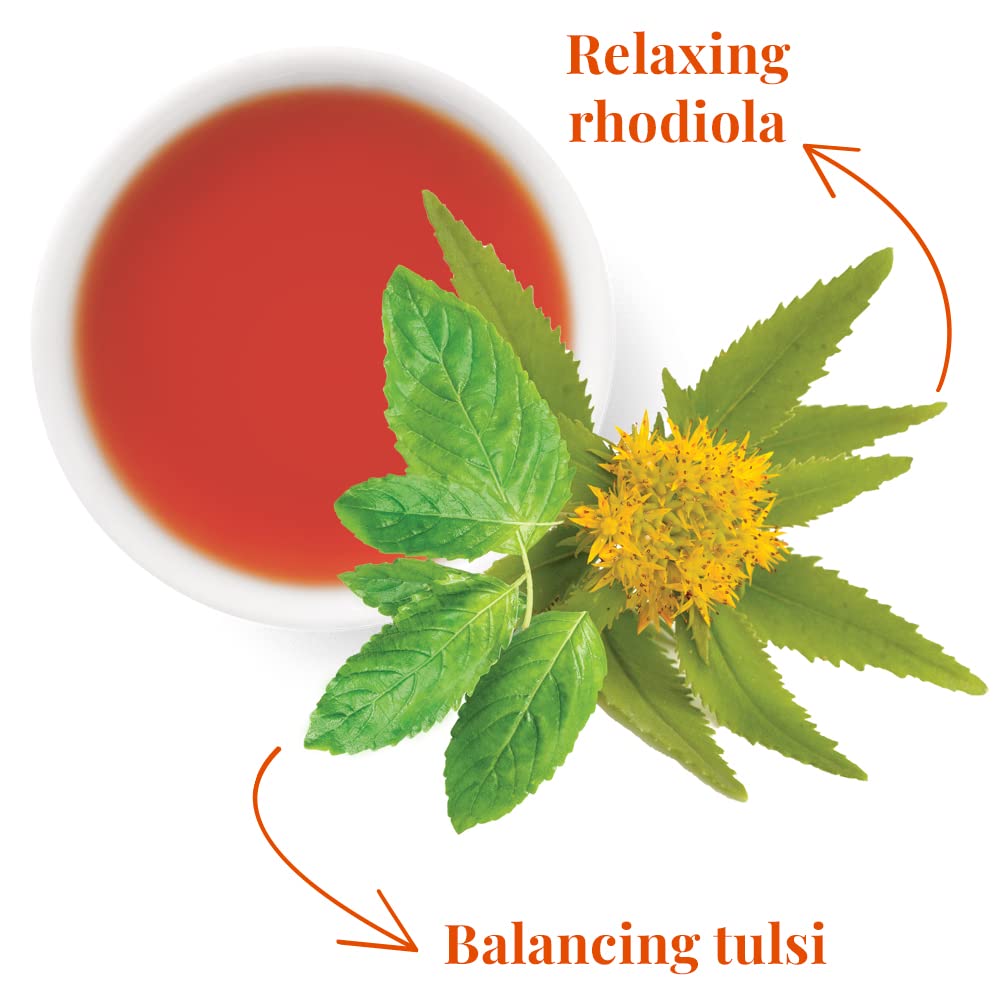 Display of tulsi, rhodiola, hibiscus and rose ingredients showing natural, organic sources