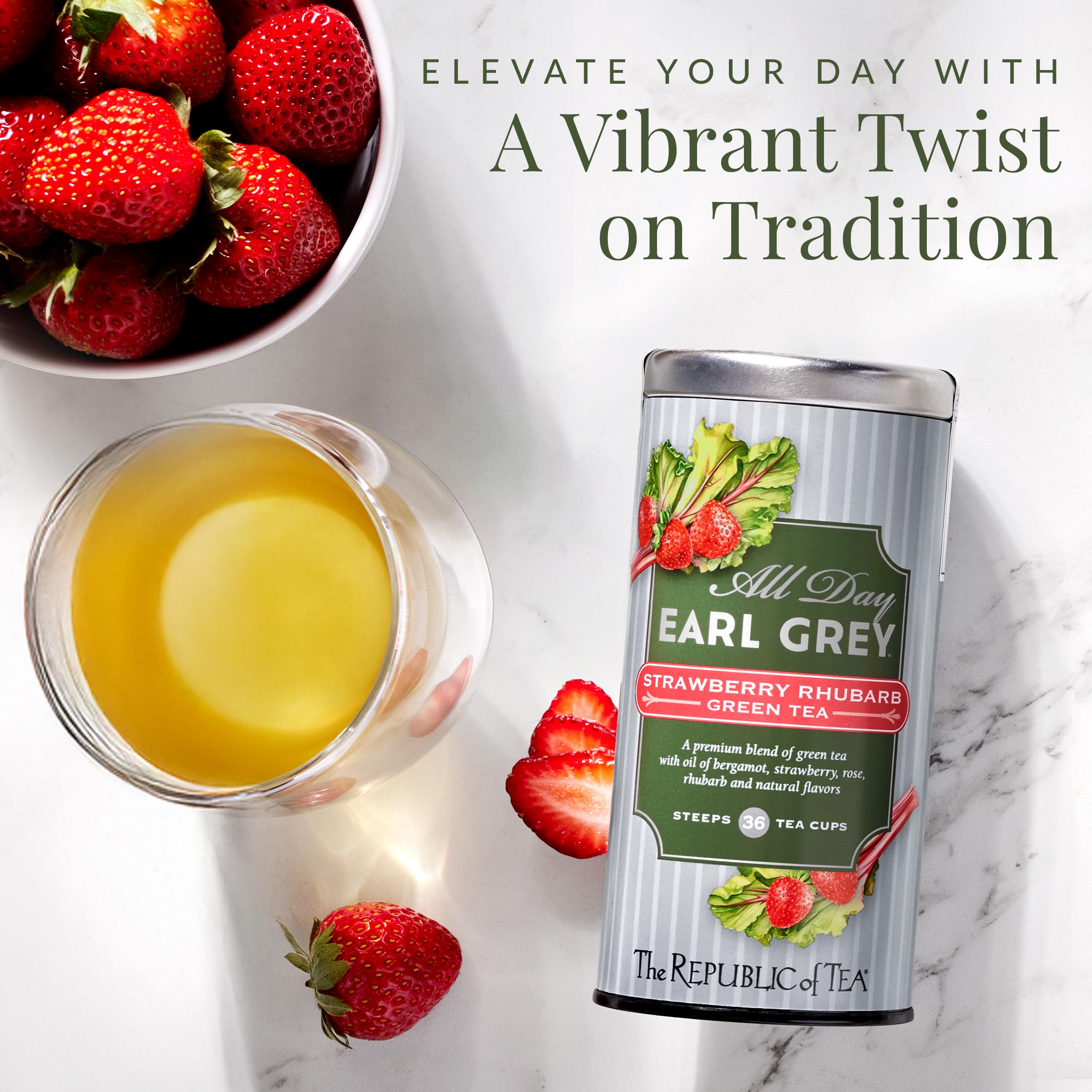 The Republic of Tea loose green tea leaves with rose petals showcasing natural ingredients benefit