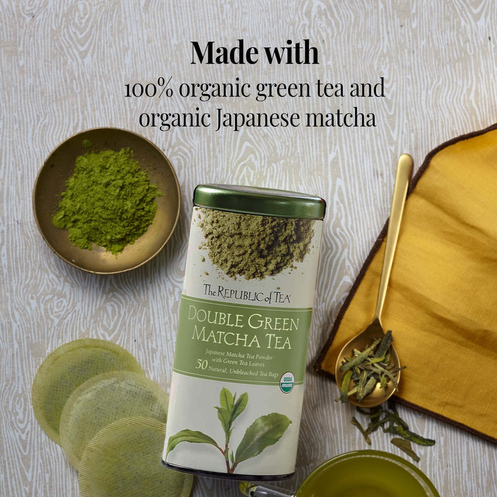The Republic of Tea matcha powder close-up highlighting vibrant color and freshness