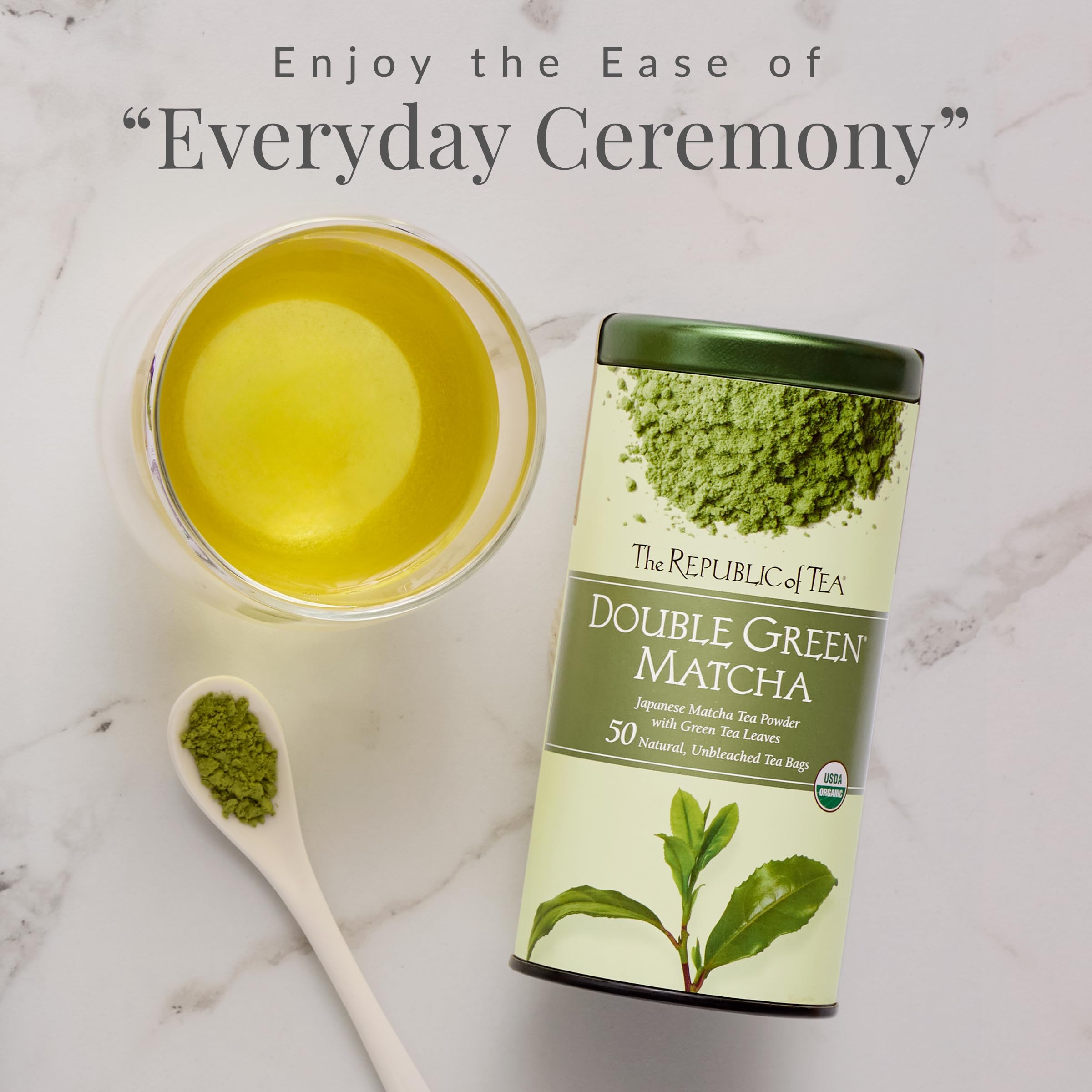 The Republic of Tea scoop of bright green matcha powder emphasizing authentic Japanese flavor