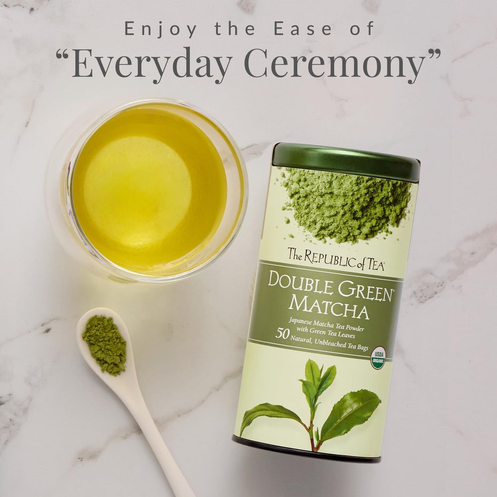 The Republic of Tea scoop of bright green matcha powder emphasizing authentic Japanese flavor