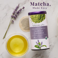 The Republic of Tea spoon of matcha powder highlighting natural color and richness