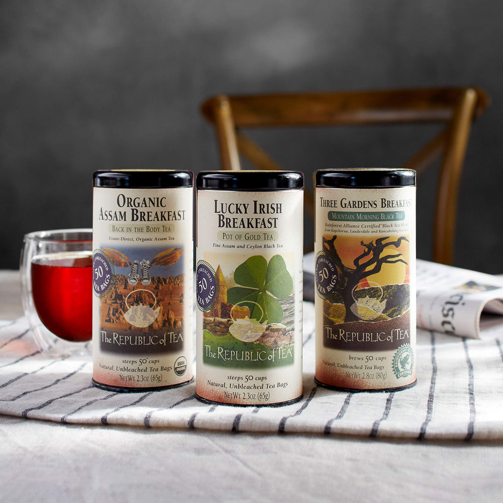 Lifestyle shot of The Republic of Tea Assam in a kitchen, illustrating morning routine and ease