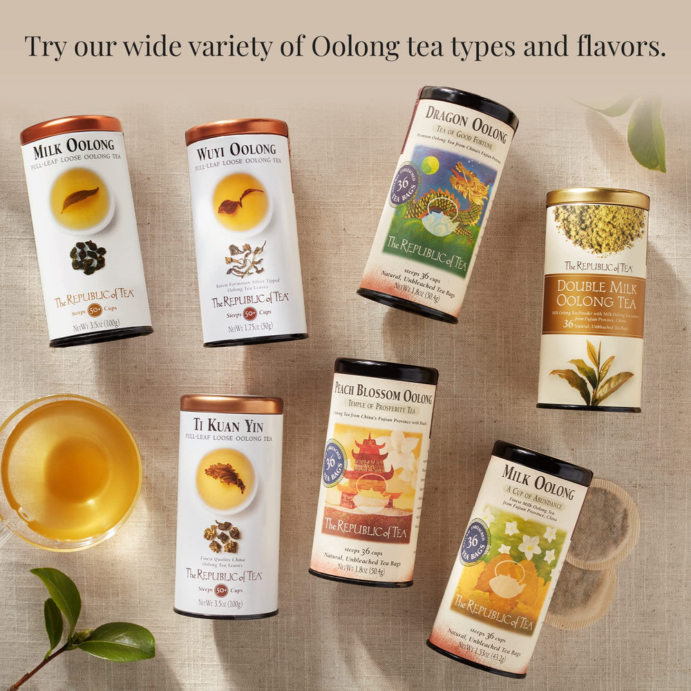 Lifestyle kitchen scene with The Republic of Tea cup and box offering a calming daily ritual