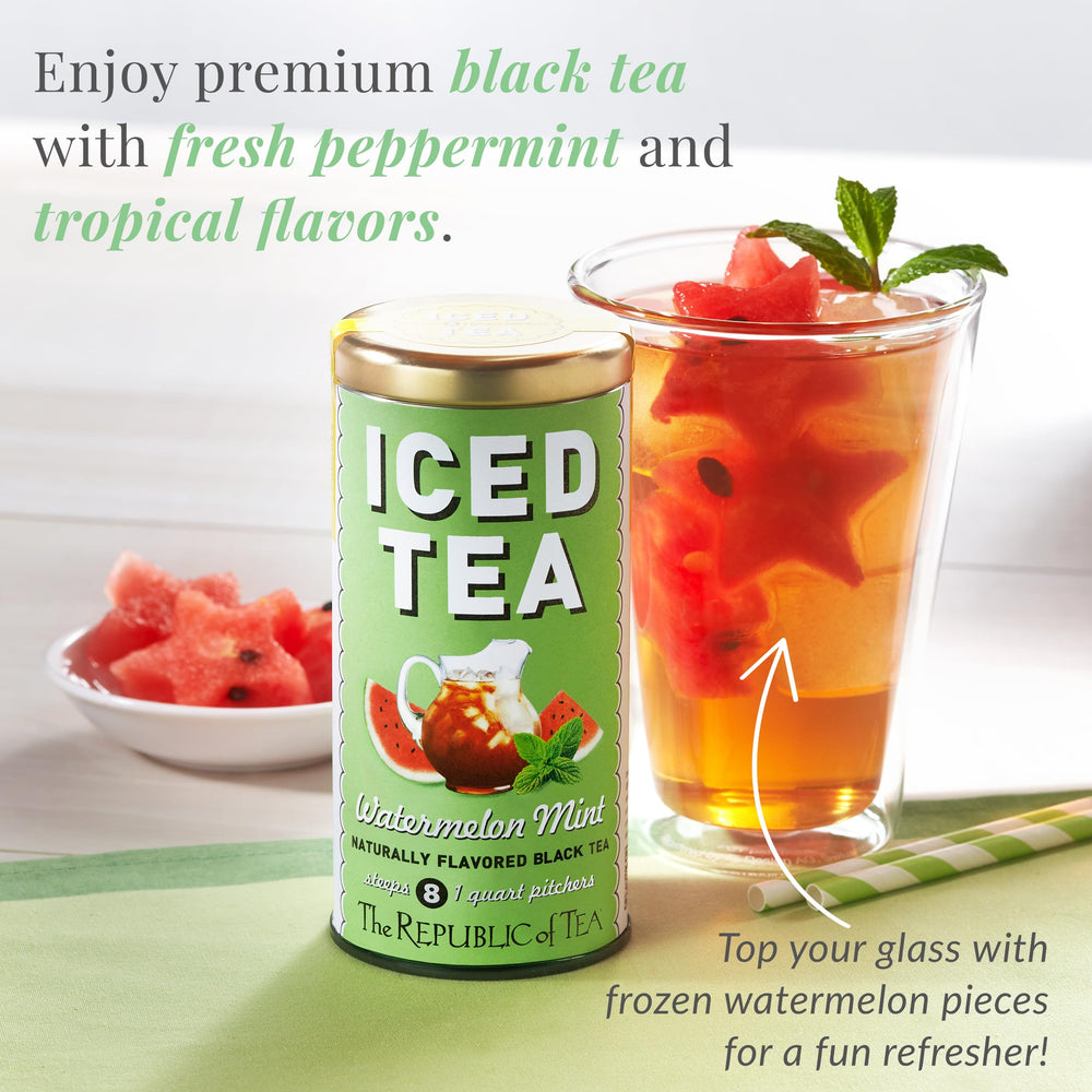 Pouring Watermelon Mint iced tea into a glass outdoors, The Republic of Tea offering cool backyard refreshment