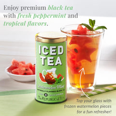 Pouring Watermelon Mint iced tea into a glass outdoors, The Republic of Tea offering cool backyard refreshment