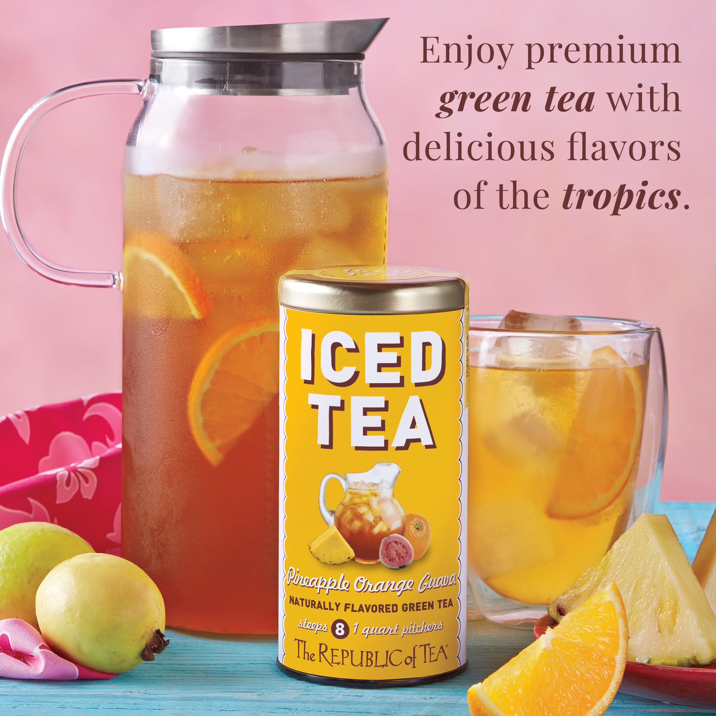 The Republic of Tea pouring iced tea over glass with ice for instant chill