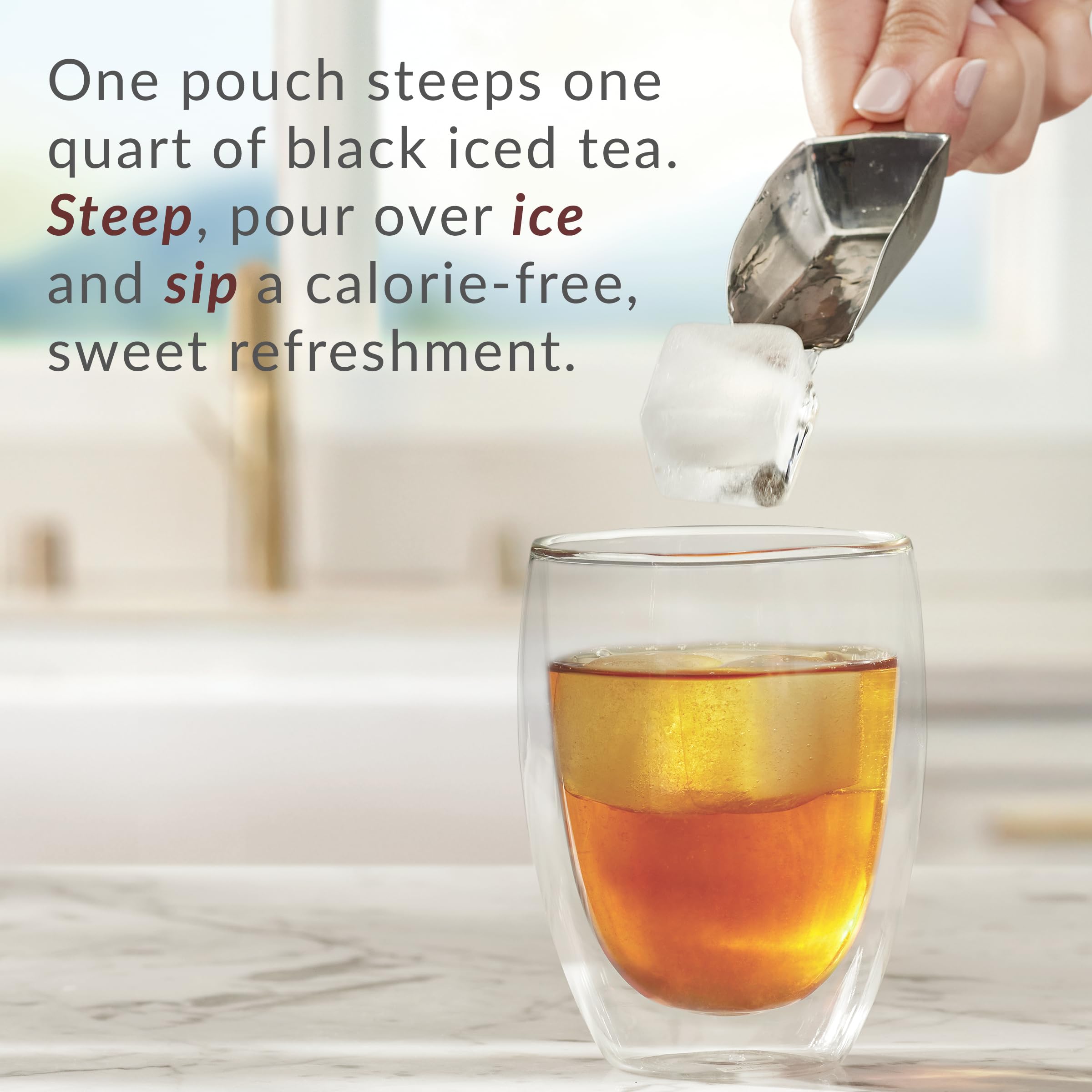 The Republic of Tea steeping pouch in heat-safe pitcher demonstrating easy prep